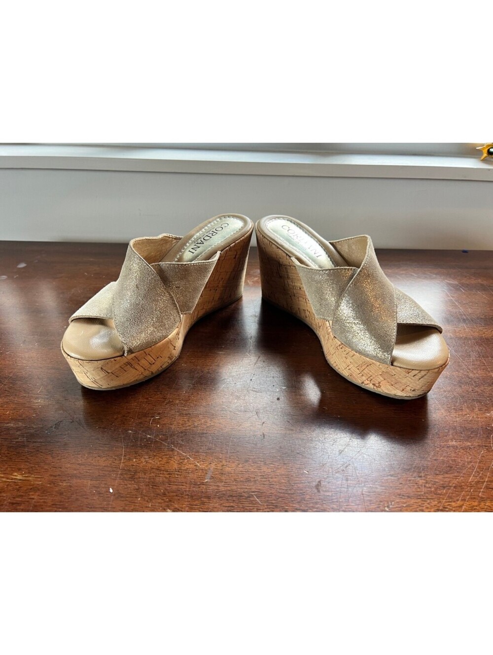 Cordani Womens Metallic Gold Cork Platform Wedge Sandals 37 US 6.5 Italy